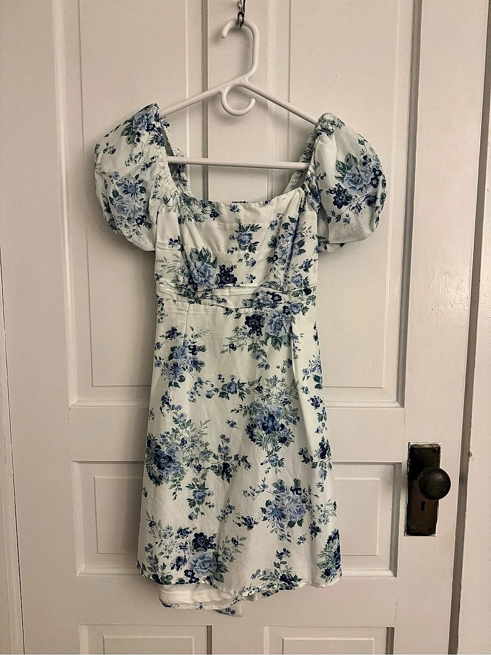 Altar'd State Blue Floral Jacquard Puff Sleeve Cutout Mini Dress